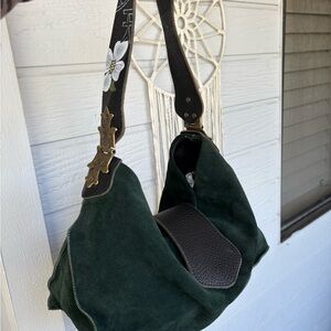 Tylie Malibu Dark Green Suede slouchy shoulder bag with Embroidered Strap